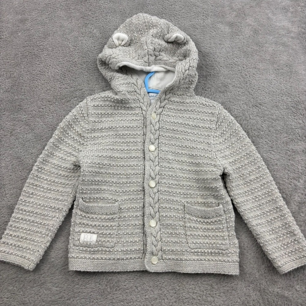 Ralph Lauren Bear Ear Hooded Cardigan Sweater Unisex 18M Baby‎ Gray Cotton Logo